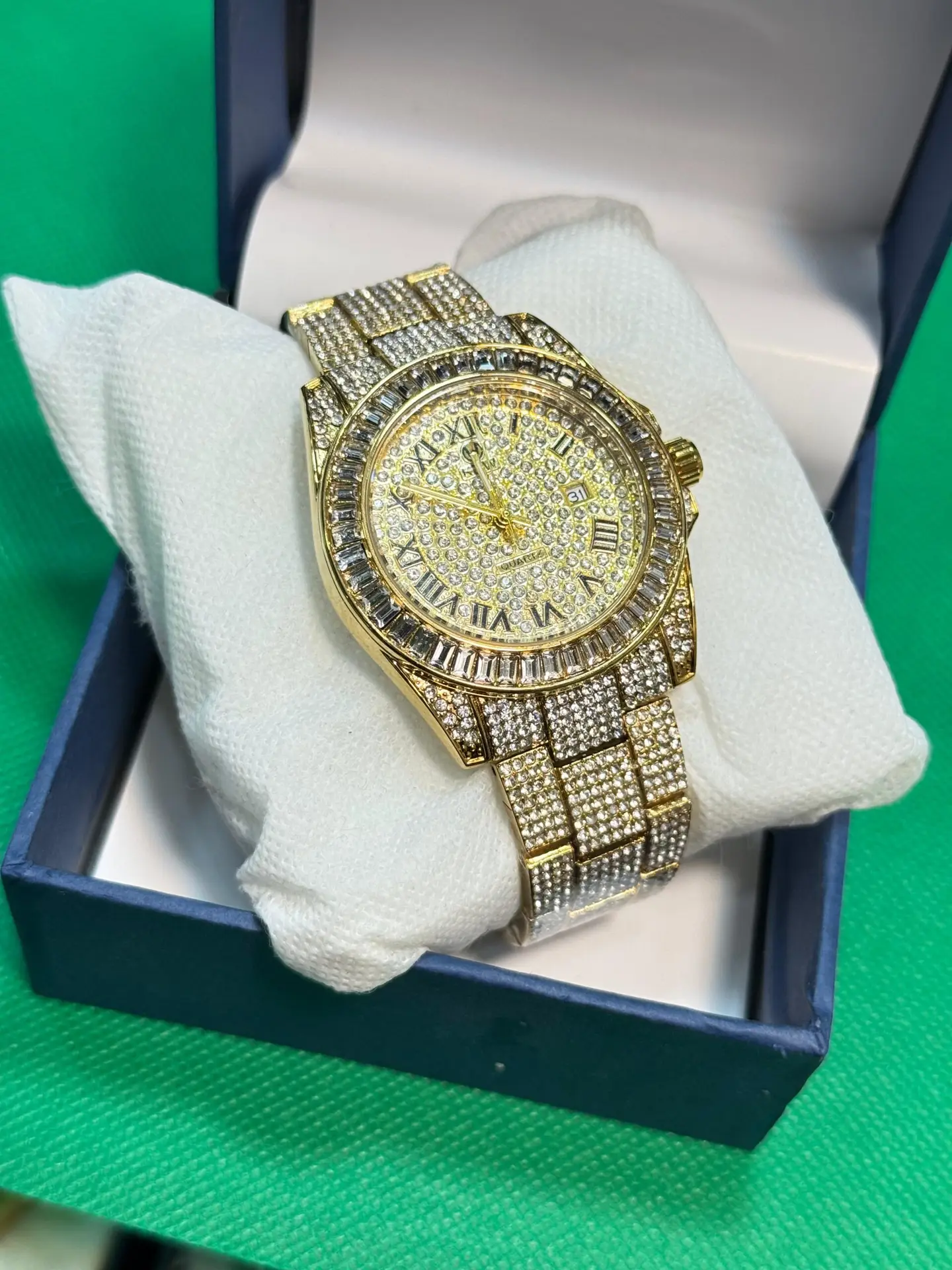 Men's Iced Out Gold Quartz Watch with Roman Dial - Image 2