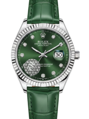 Rolex Datejust Green Dial Diamond Studded Leather Strap Watch